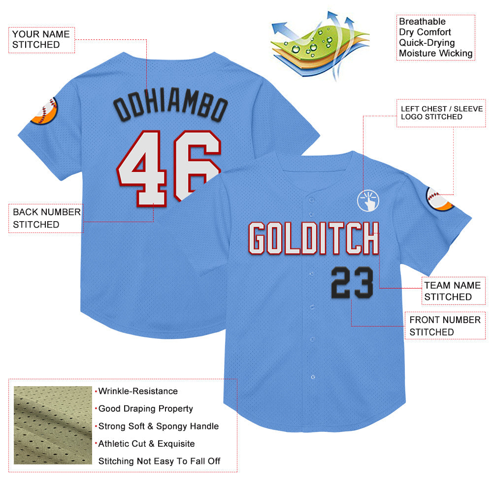 Custom Light Blue Red-Black Mesh Authentic Throwback Baseball Jersey - Sky-Custom