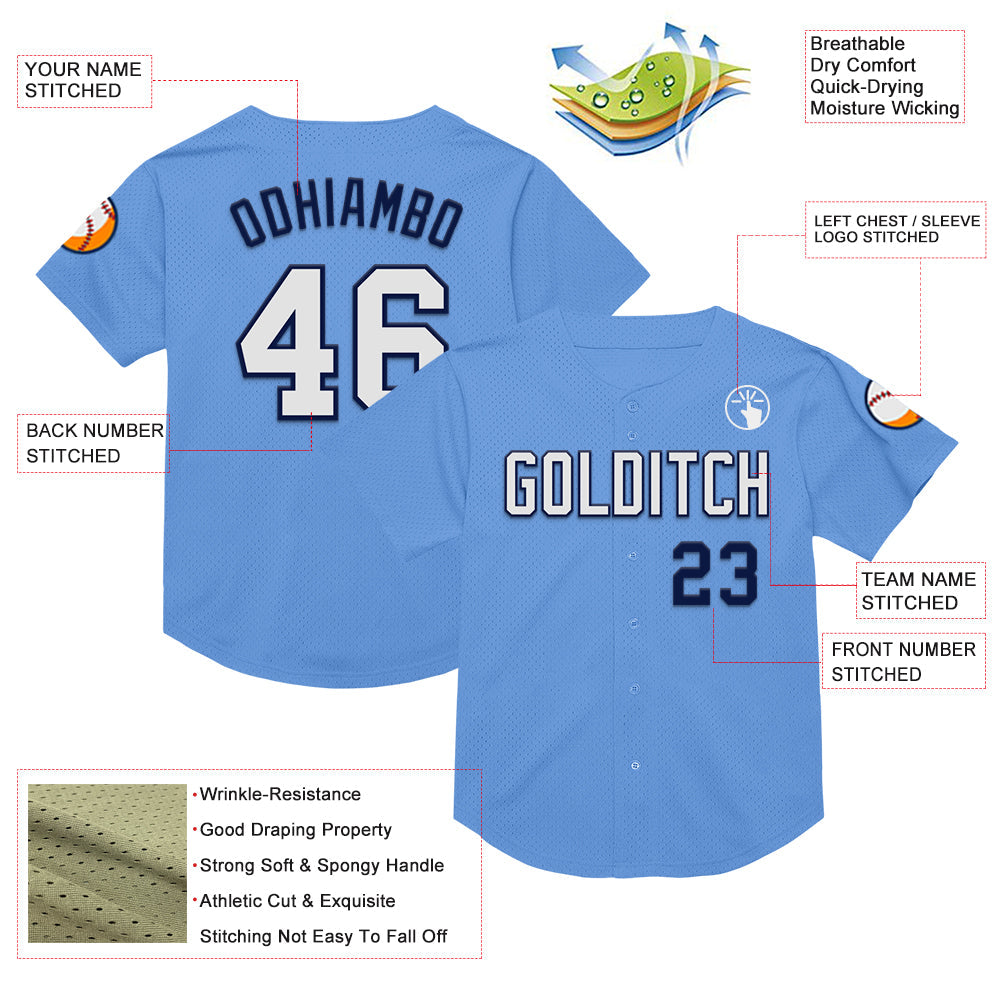 Custom Light Blue White-Navy Mesh Authentic Throwback Baseball Jersey - Sky-Custom