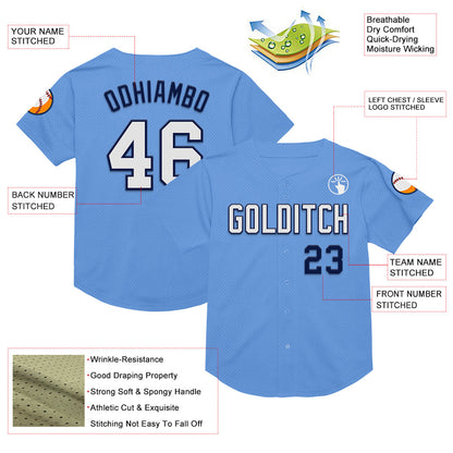 Custom Light Blue White-Navy Mesh Authentic Throwback Baseball Jersey - Sky-Custom