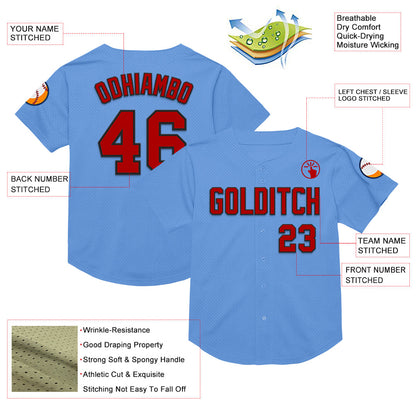 Custom Light Blue Red-Black Mesh Authentic Throwback Baseball Jersey - Sky-Custom