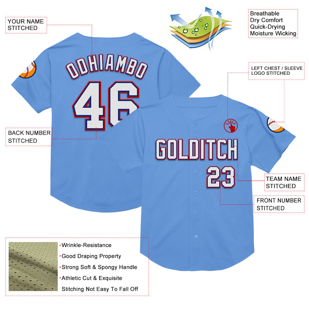 Custom Light Blue Royal-Red Mesh Authentic Throwback Baseball Jersey - Sky-Custom