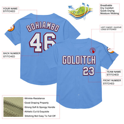Custom Light Blue Royal-Red Mesh Authentic Throwback Baseball Jersey - Sky-Custom