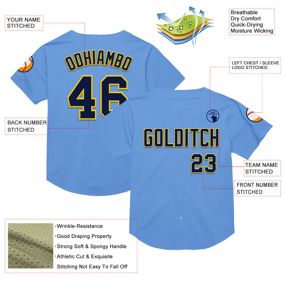 Custom Light Blue Navy-Yellow Mesh Authentic Throwback Baseball Jersey - Sky-Custom