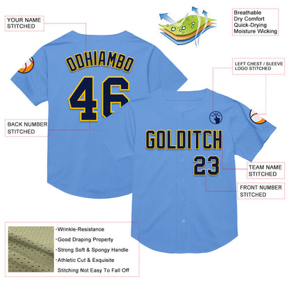 Custom Light Blue Navy-Yellow Mesh Authentic Throwback Baseball Jersey - Sky-Custom