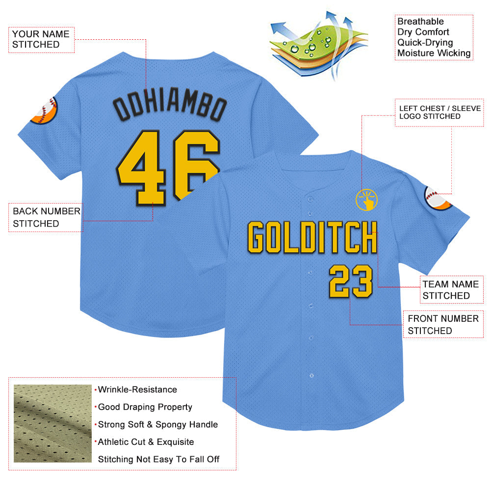 Custom Light Blue Yellow-Black Mesh Authentic Throwback Baseball Jersey - Sky-Custom