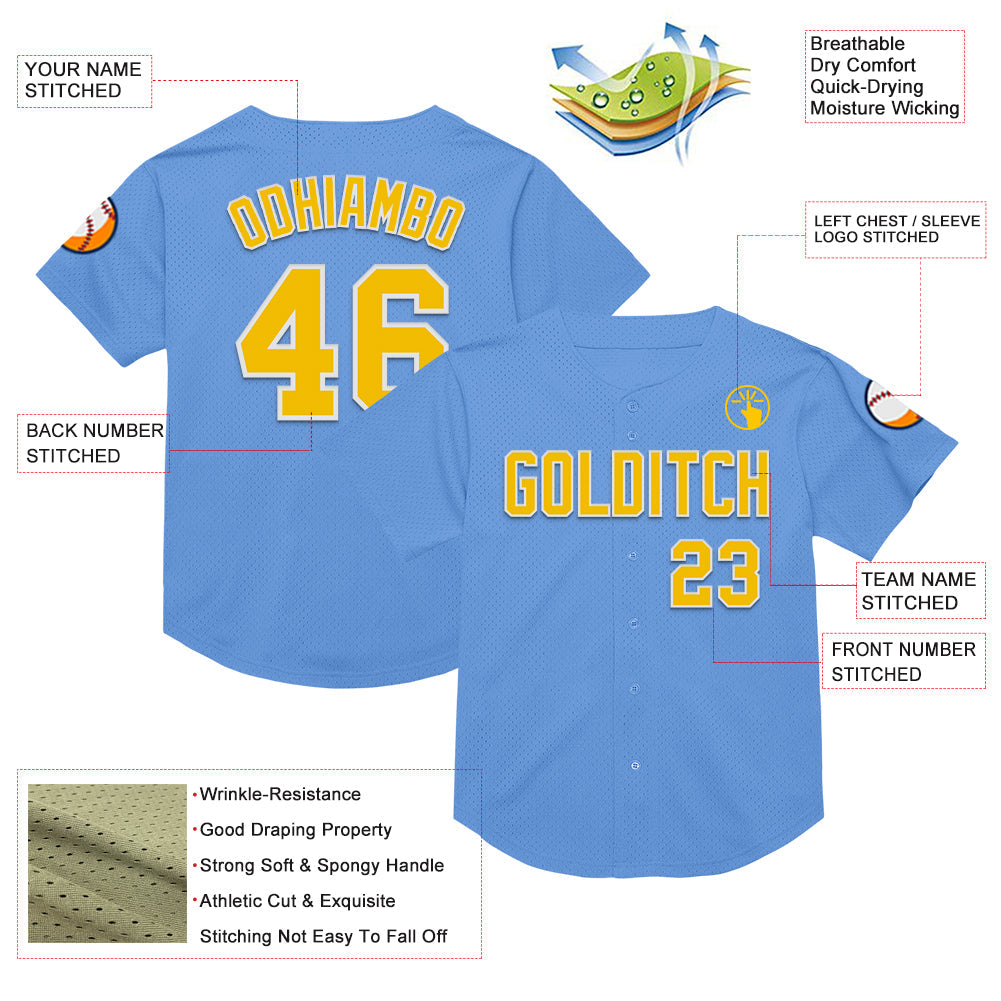 Custom Light Blue Yellow-White Mesh Authentic Throwback Baseball Jersey - Sky-Custom