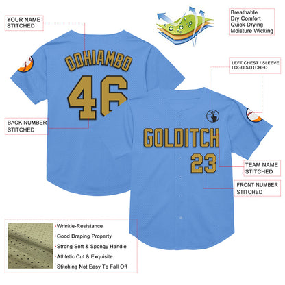 Custom Light Blue Old Gold-Black Mesh Authentic Throwback Baseball Jersey - Sky-Custom