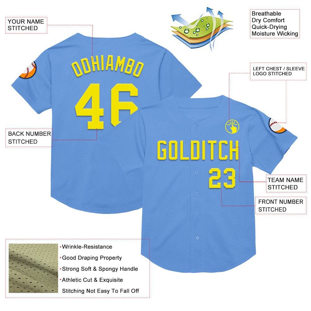 Custom Light Blue Light Yellow Mesh Authentic Throwback Baseball Jersey - Sky-Custom