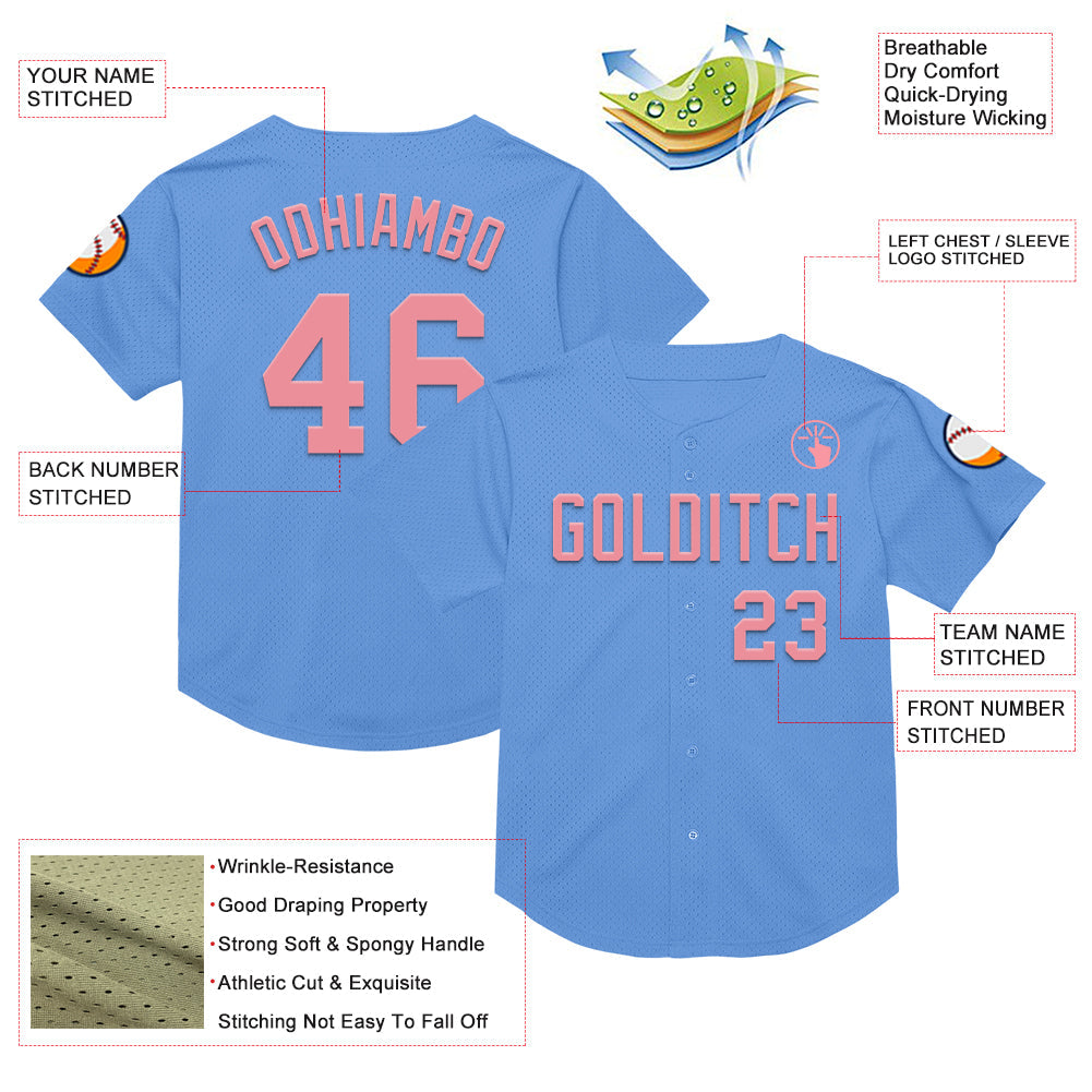 Custom Light Blue Medium Pink Mesh Authentic Throwback Baseball Jersey - Sky-Custom
