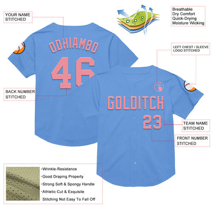 Custom Light Blue Medium Pink Mesh Authentic Throwback Baseball Jersey - Sky-Custom
