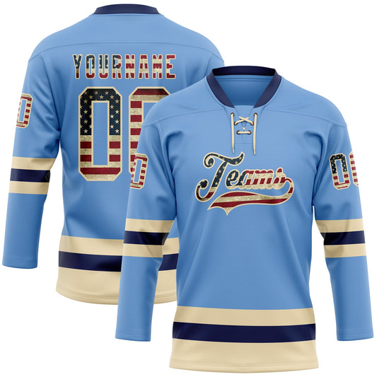 Custom Light Blue Vintage USA Flag Cream-Navy Hockey Lace Neck Jersey - Sky-Custom