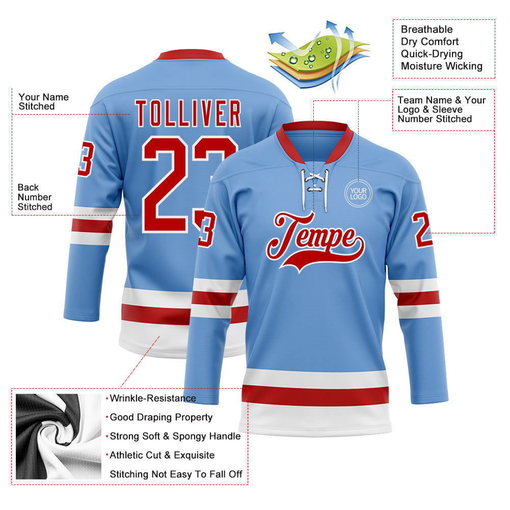 Custom Light Blue Red-White Hockey Lace Neck Jersey - Sky-Custom