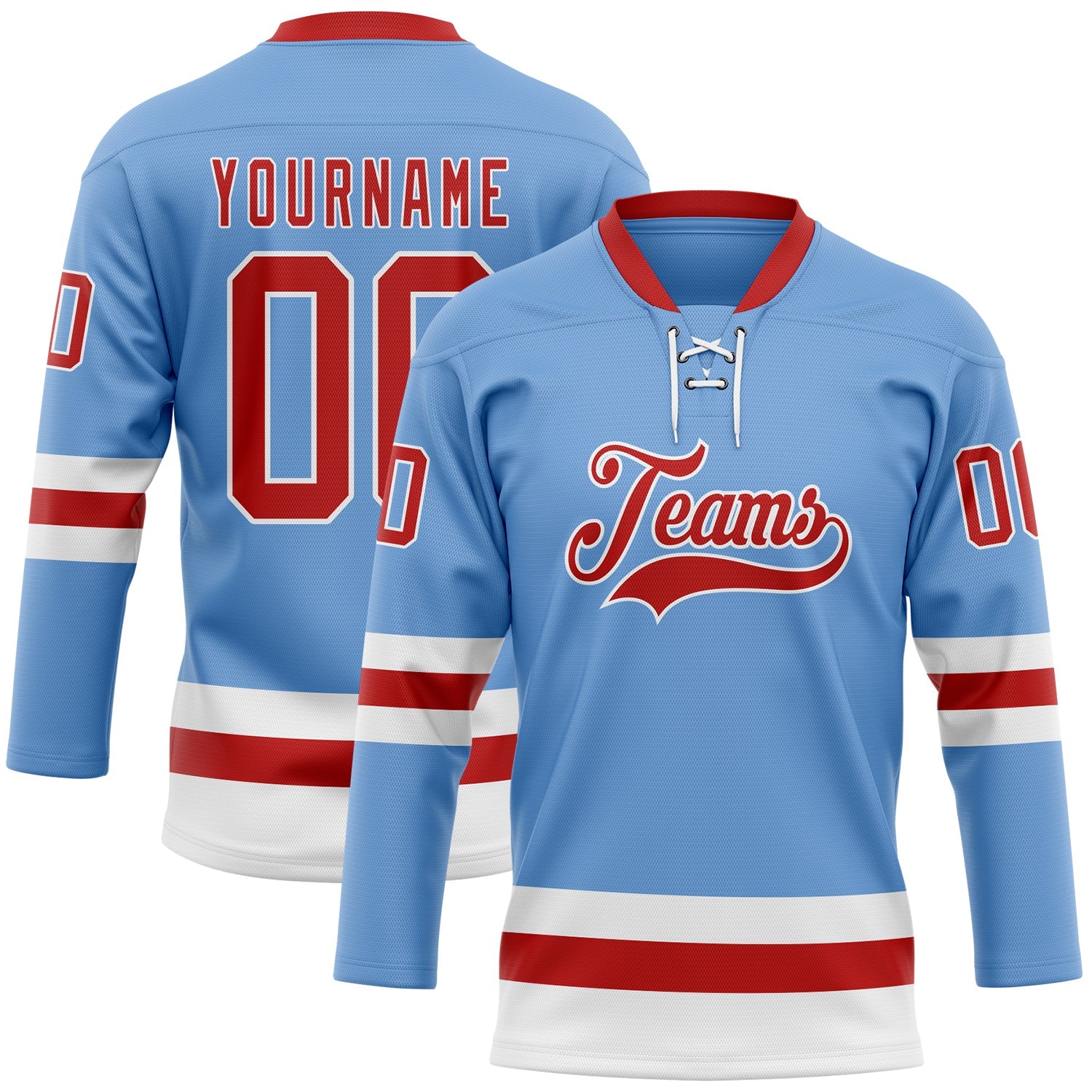 Custom Light Blue Red-White Hockey Lace Neck Jersey - Sky-Custom