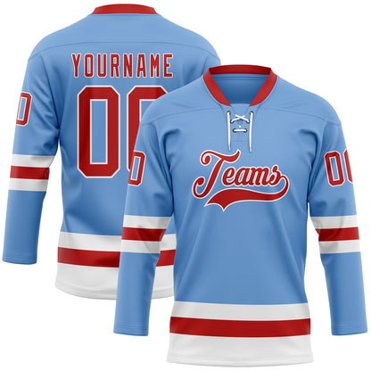 Custom Light Blue Red-White Hockey Lace Neck Jersey - Sky-Custom