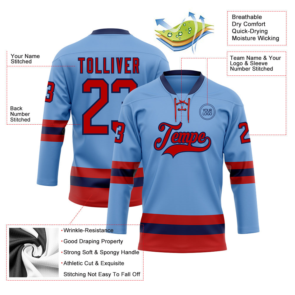 Custom Light Blue Red-Navy Hockey Lace Neck Jersey - Sky-Custom