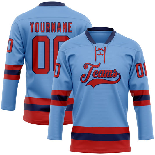 Custom Light Blue Red-Navy Hockey Lace Neck Jersey - Sky-Custom