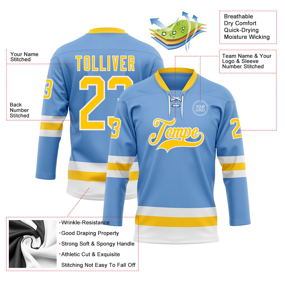 Custom Light Blue Yellow-White Hockey Lace Neck Jersey - Sky-Custom