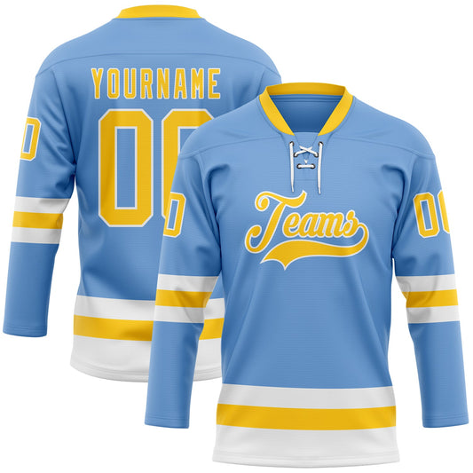 Custom Light Blue Yellow-White Hockey Lace Neck Jersey - Sky-Custom