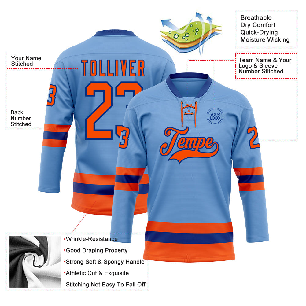 Custom Light Blue Orange-Royal Hockey Lace Neck Jersey - Sky-Custom