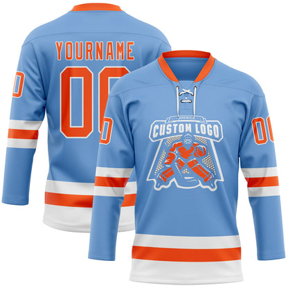 Custom Light Blue Orange-White Hockey Lace Neck Jersey - Sky-Custom