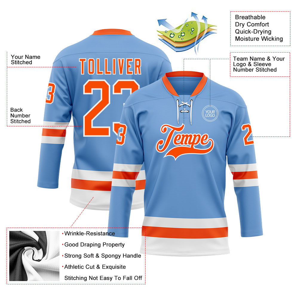 Custom Light Blue Orange-White Hockey Lace Neck Jersey - Sky-Custom