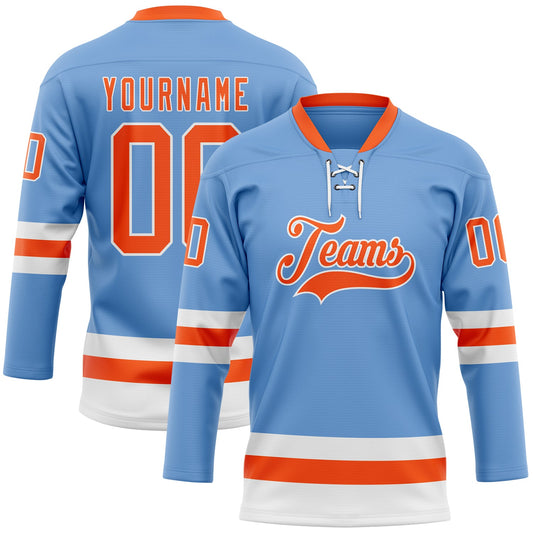 Custom Light Blue Orange-White Hockey Lace Neck Jersey - Sky-Custom