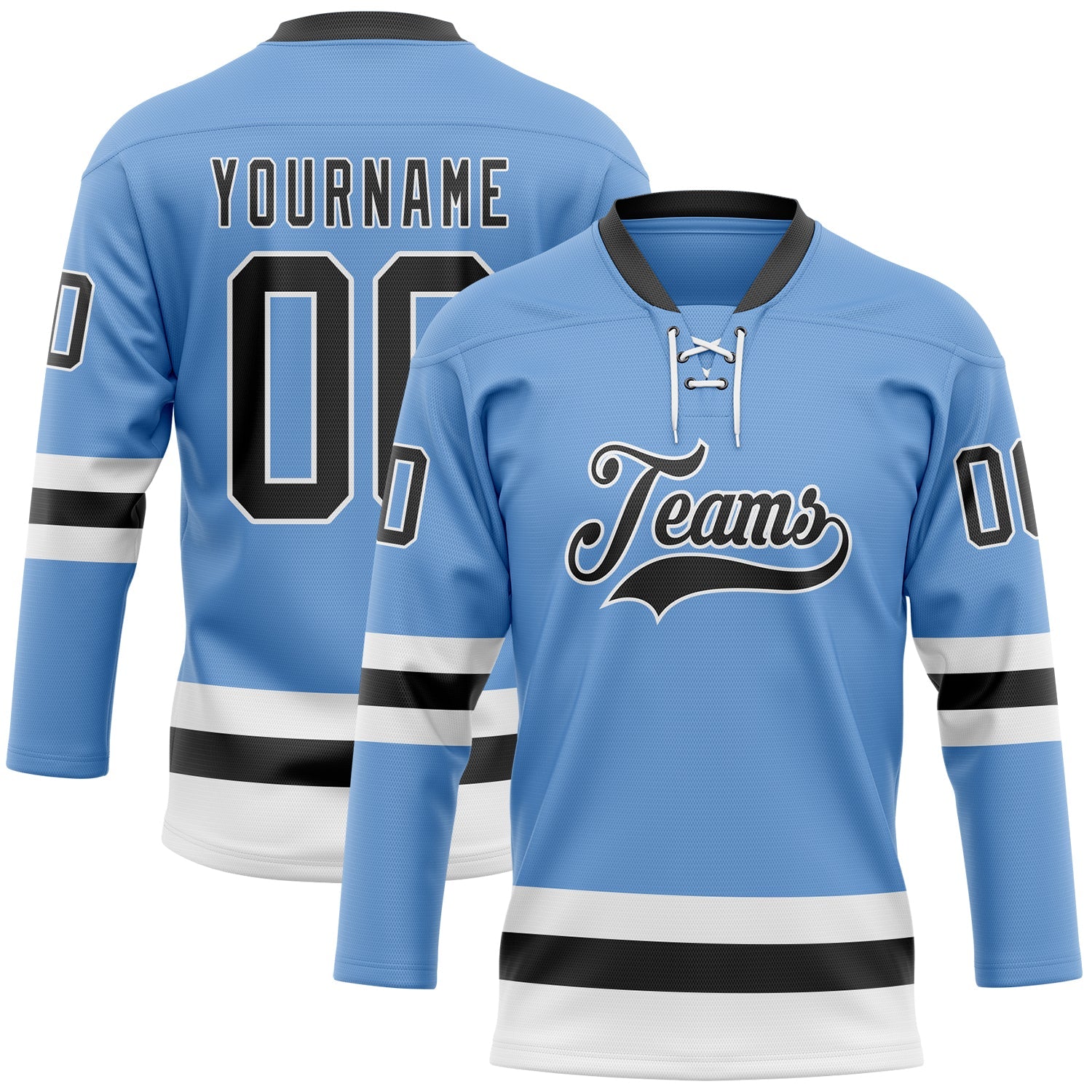 Custom Light Blue Black-White Hockey Lace Neck Jersey - Sky-Custom