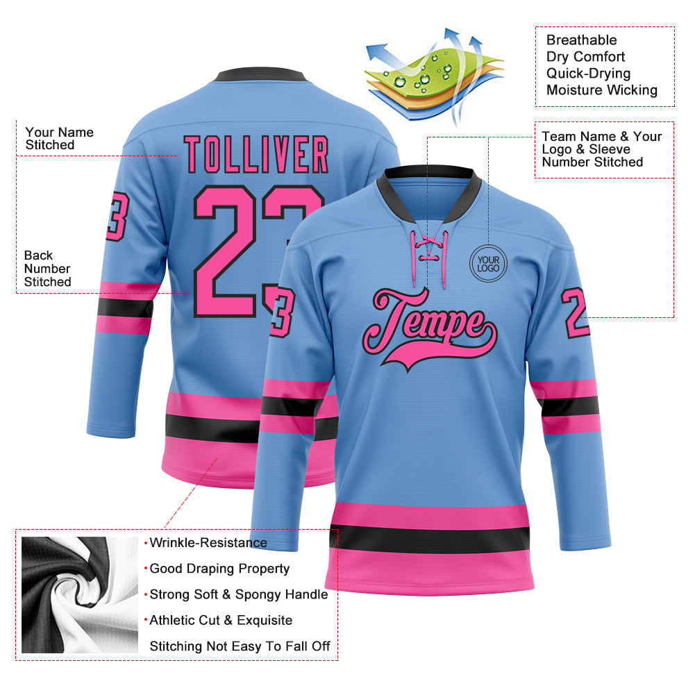 Custom Light Blue Pink-Black Hockey Lace Neck Jersey - Sky-Custom