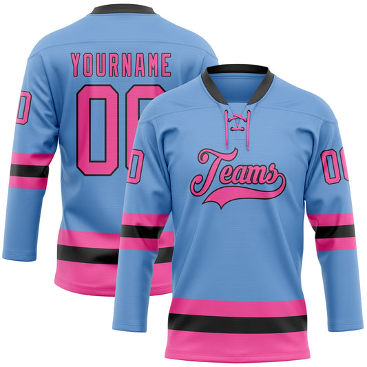 Custom Light Blue Pink-Black Hockey Lace Neck Jersey - Sky-Custom
