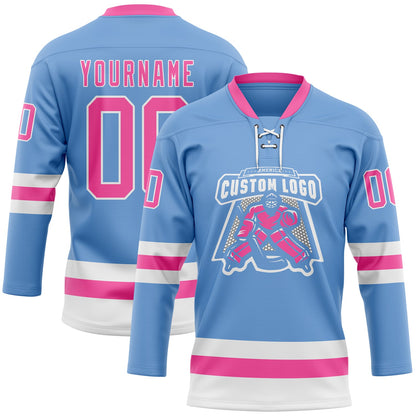 Custom Light Blue Pink-White Hockey Lace Neck Jersey - Sky-Custom