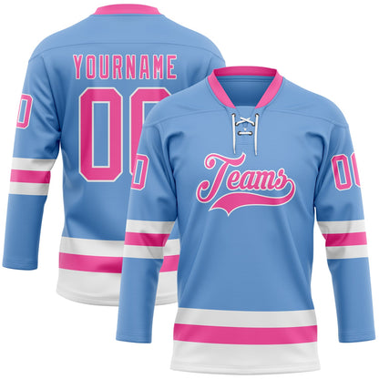 Custom Light Blue Pink-White Hockey Lace Neck Jersey - Sky-Custom