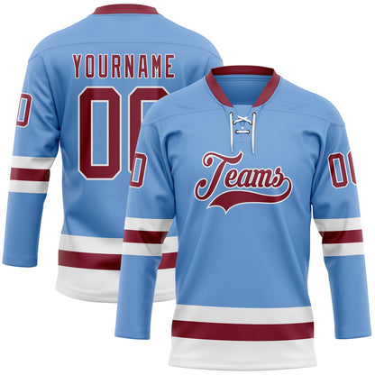 Custom Light Blue Crimson-White Hockey Lace Neck Jersey - Sky-Custom