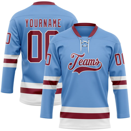 Custom Light Blue Crimson-White Hockey Lace Neck Jersey - Sky-Custom