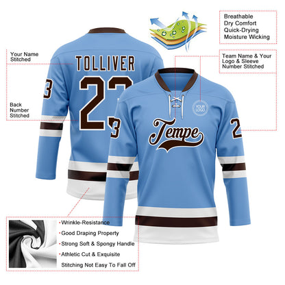 Custom Light Blue Brown-White Hockey Lace Neck Jersey - Sky-Custom