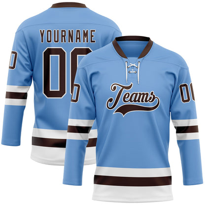 Custom Light Blue Brown-White Hockey Lace Neck Jersey - Sky-Custom