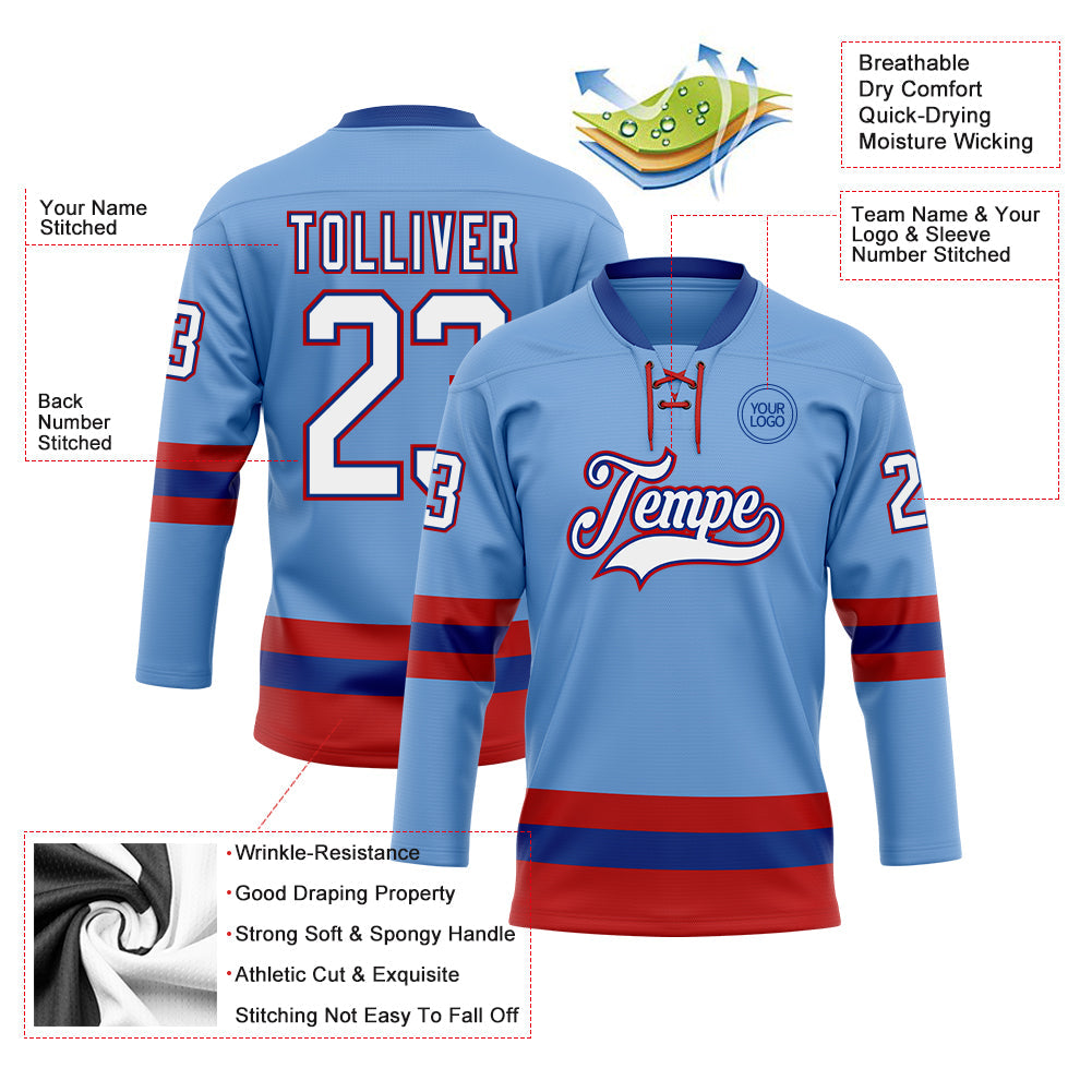 Custom Light Blue Royal-Red Hockey Lace Neck Jersey - Sky-Custom