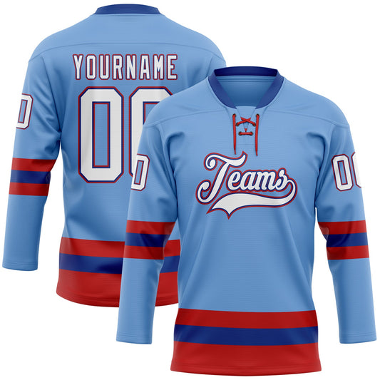 Custom Light Blue Royal-Red Hockey Lace Neck Jersey - Sky-Custom