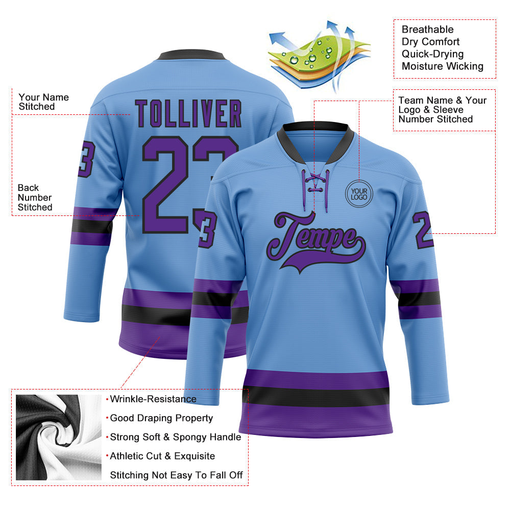 Custom Light Blue Purple-Black Hockey Lace Neck Jersey - Sky-Custom