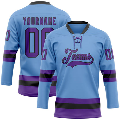 Custom Light Blue Purple-Black Hockey Lace Neck Jersey - Sky-Custom