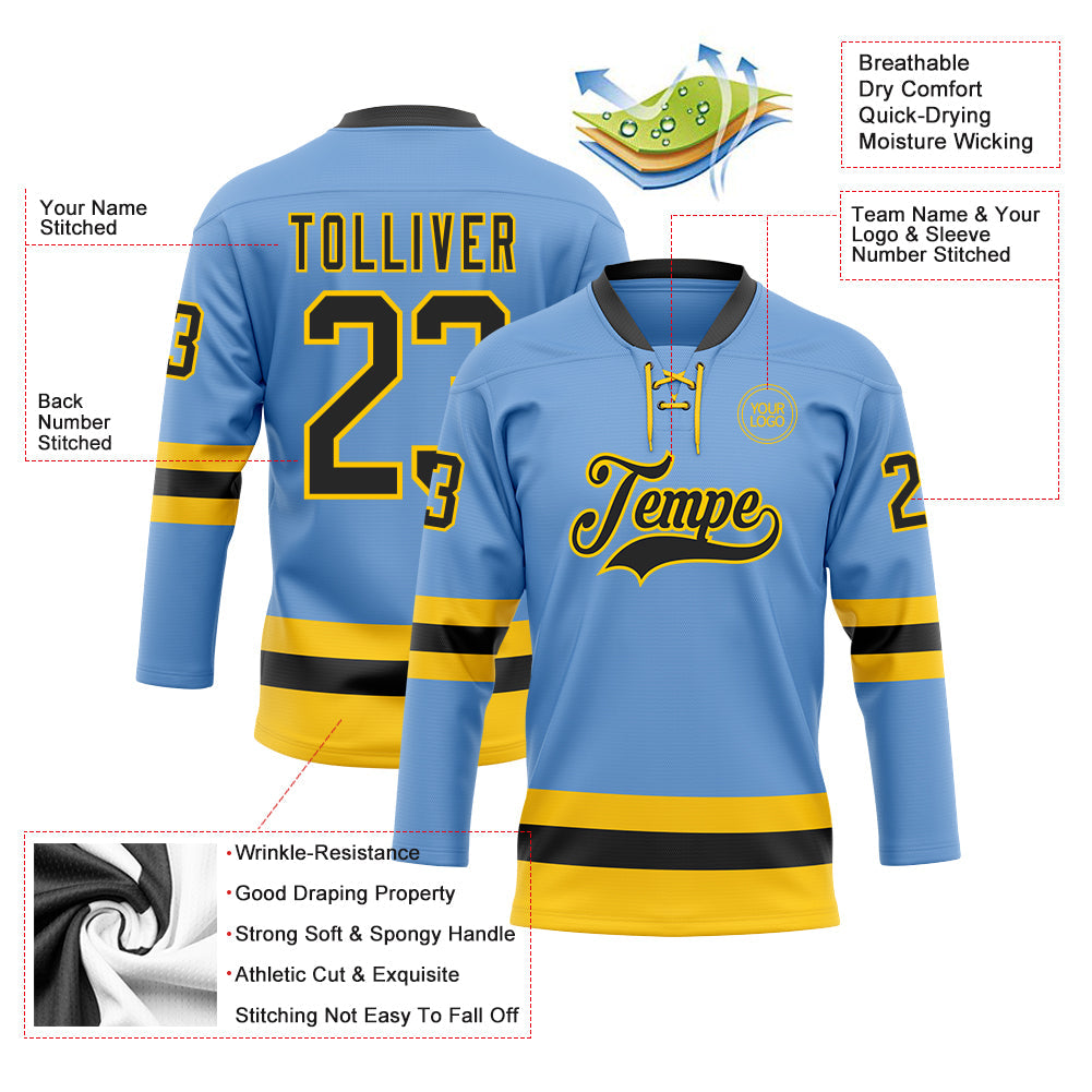 Custom Light Blue Black-Yellow Hockey Lace Neck Jersey - Sky-Custom
