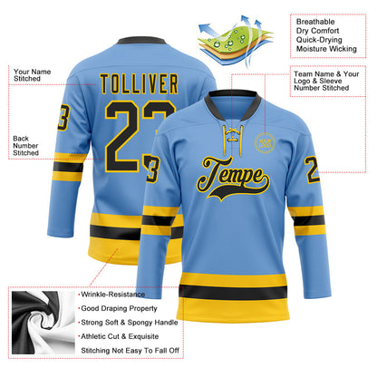 Custom Light Blue Black-Yellow Hockey Lace Neck Jersey - Sky-Custom
