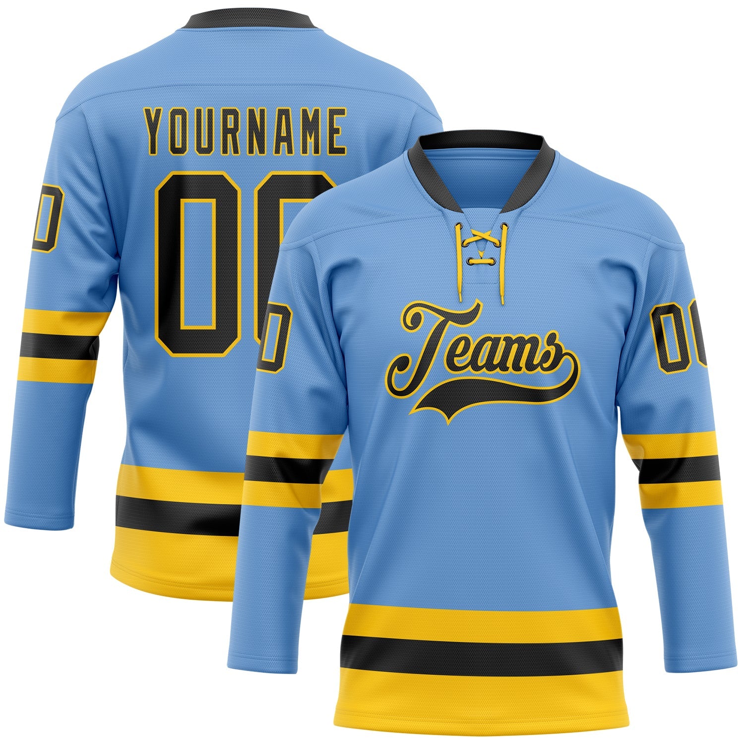 Custom Light Blue Black-Yellow Hockey Lace Neck Jersey - Sky-Custom