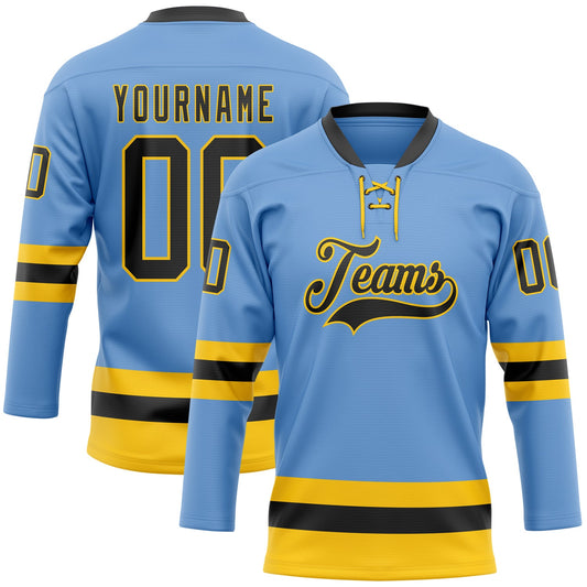 Custom Light Blue Black-Yellow Hockey Lace Neck Jersey - Sky-Custom