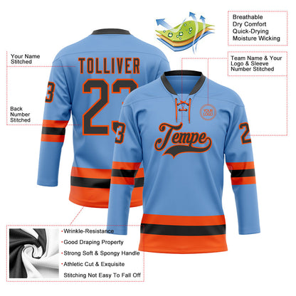 Custom Light Blue Black-Orange Hockey Lace Neck Jersey - Sky-Custom