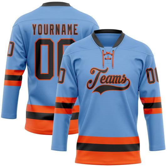 Custom Light Blue Black-Orange Hockey Lace Neck Jersey - Sky-Custom