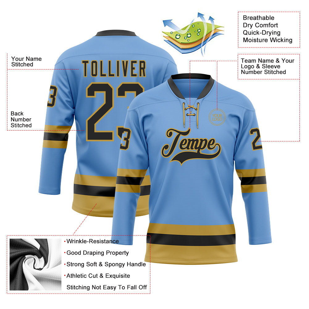 Custom Light Blue Black-Old Gold Hockey Lace Neck Jersey - Sky-Custom