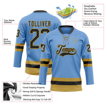 Custom Light Blue Black-Old Gold Hockey Lace Neck Jersey - Sky-Custom