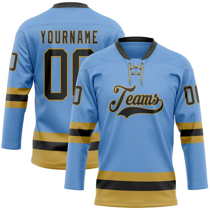 Custom Light Blue Black-Old Gold Hockey Lace Neck Jersey - Sky-Custom