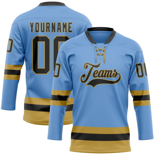 Custom Light Blue Black-Old Gold Hockey Lace Neck Jersey - Sky-Custom