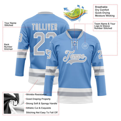 Custom Light Blue Gray-White Hockey Lace Neck Jersey - Sky-Custom